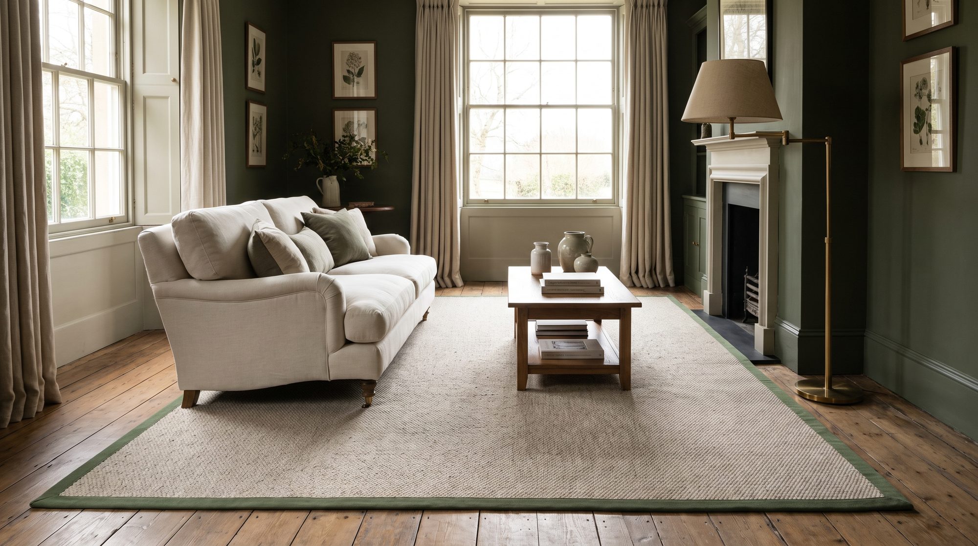 Living room with a large oatmeal rug edged in green