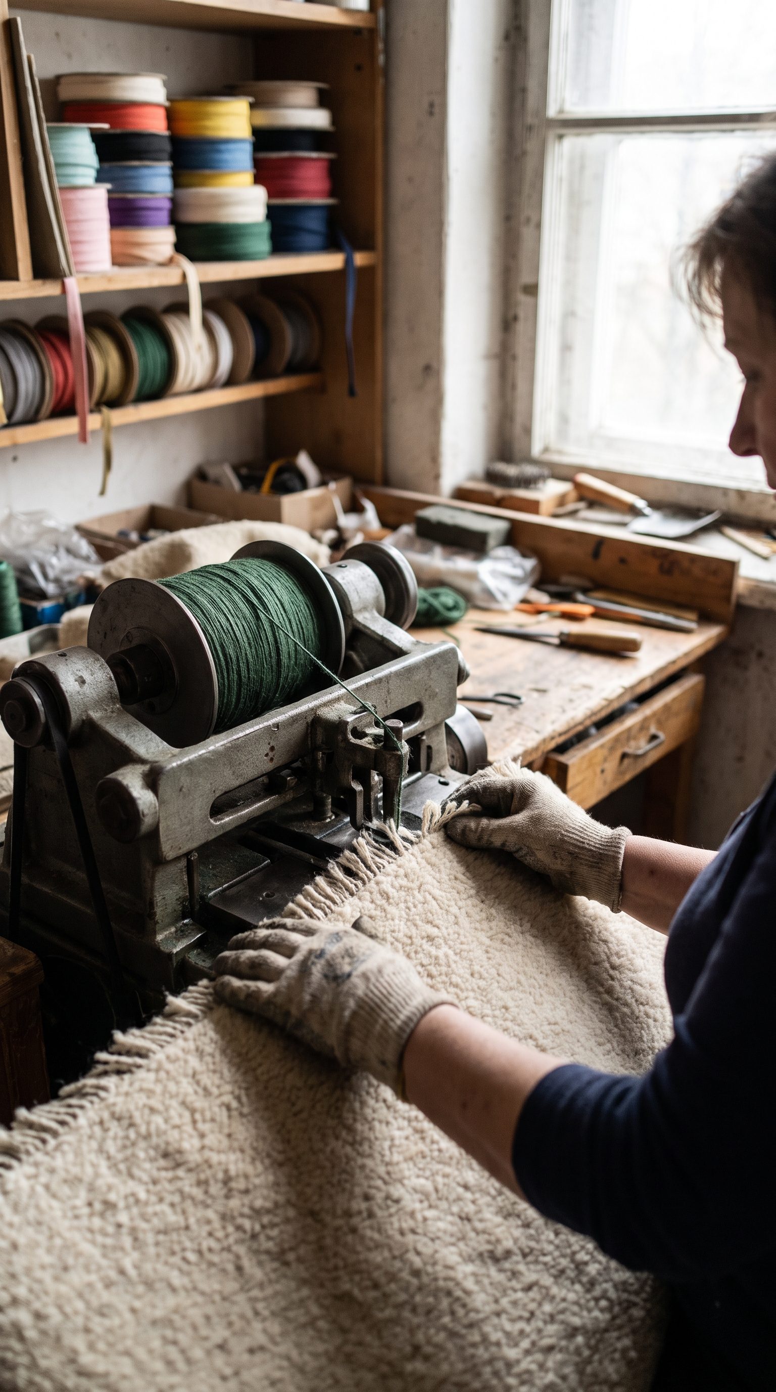 Carpet being whipped with green yarn in the workshop